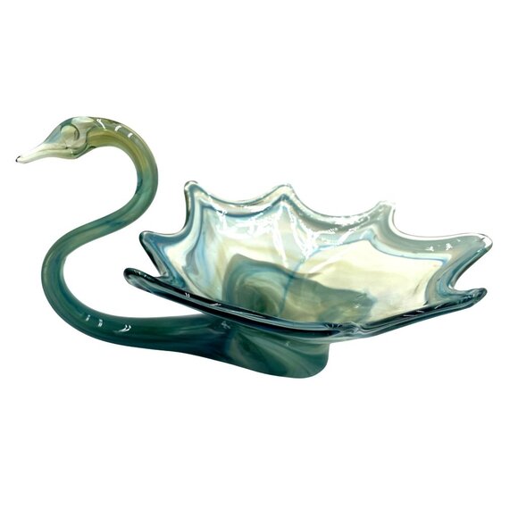 Mid Century Sooner Blue Swirl Art Glass Swan Bowl - Picture 2 of 4